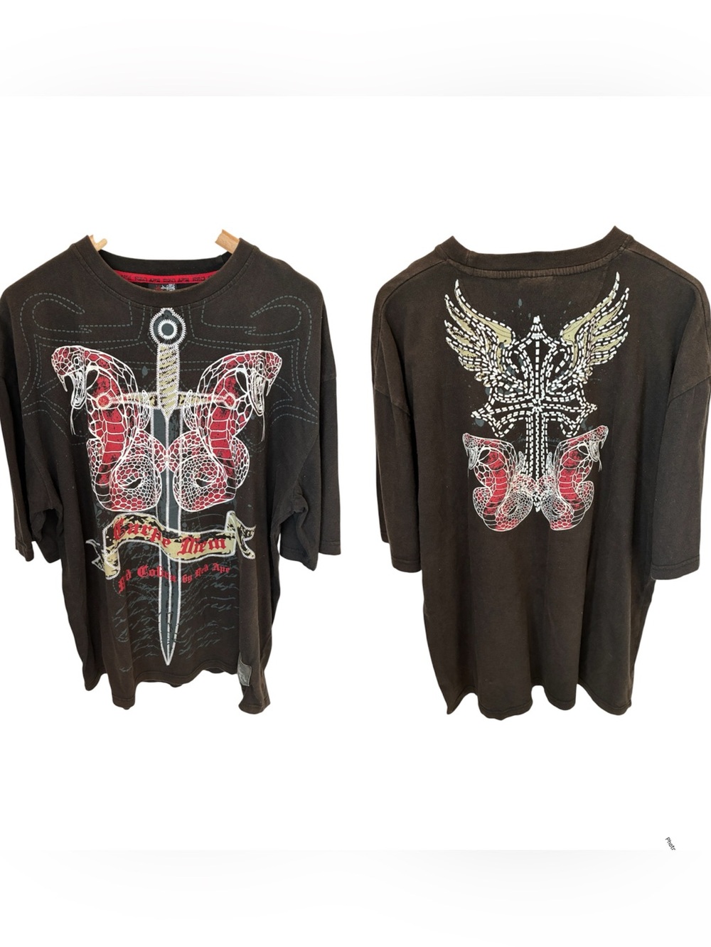 Red Ape T-Shirt Men’s L Black Graphic Short Sleeve Tee with Sword & Winged Snake